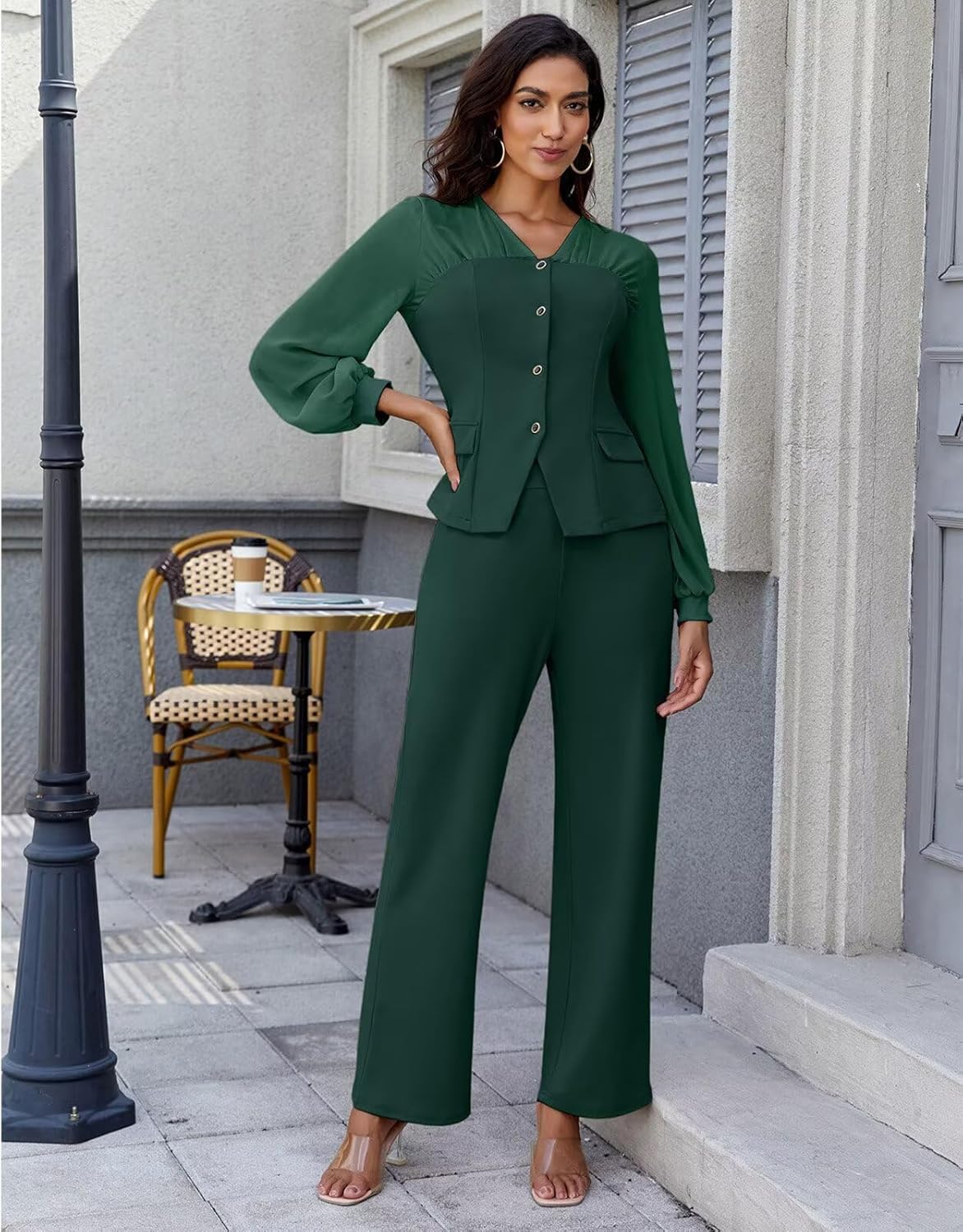 2 Piece Pant Suits for Women Dressy Business Casual Outfits Mesh Long Sleeve Blazer Wide Leg Pants Sets Office Work - Image 5