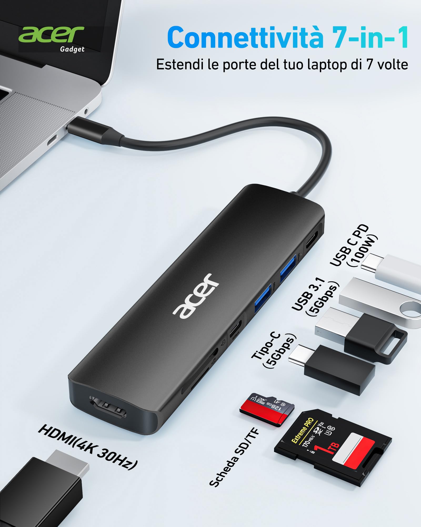 Acer Hub USB C 7 in 1, USB C Adattatore con 4K HDMI, 2 USB-A 3.0 5Gbps, PD 100W, Lettore Schede SD/TF, Sdoppiatore Multi USB per Computer/MacBook Pro Air/iPad/iPhone 15/Surface/Steam Deck (Nero)