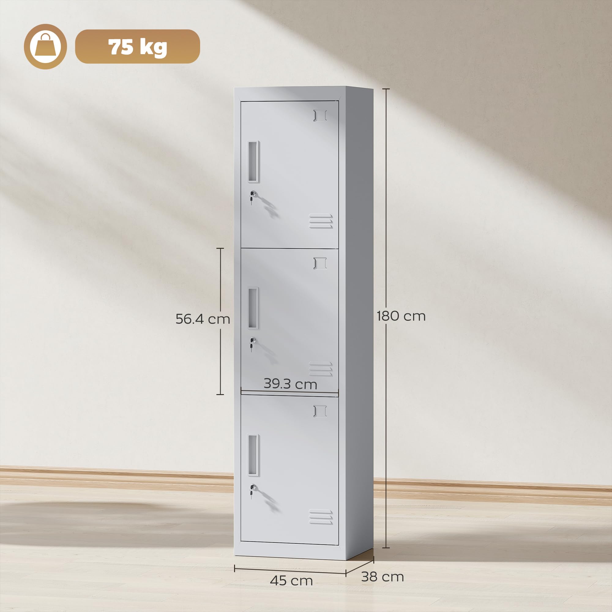 HOMCOM Armadietto per Documenti a 3 Ante e 3 Ripiani in Acciaio, Armadio Ufficio con Serratura Chiavi, Fessure di Ventilazione, Mobiletto Multiuso Portadocumenti, per Casa Ufficio, 45x38x180cm, Grigio