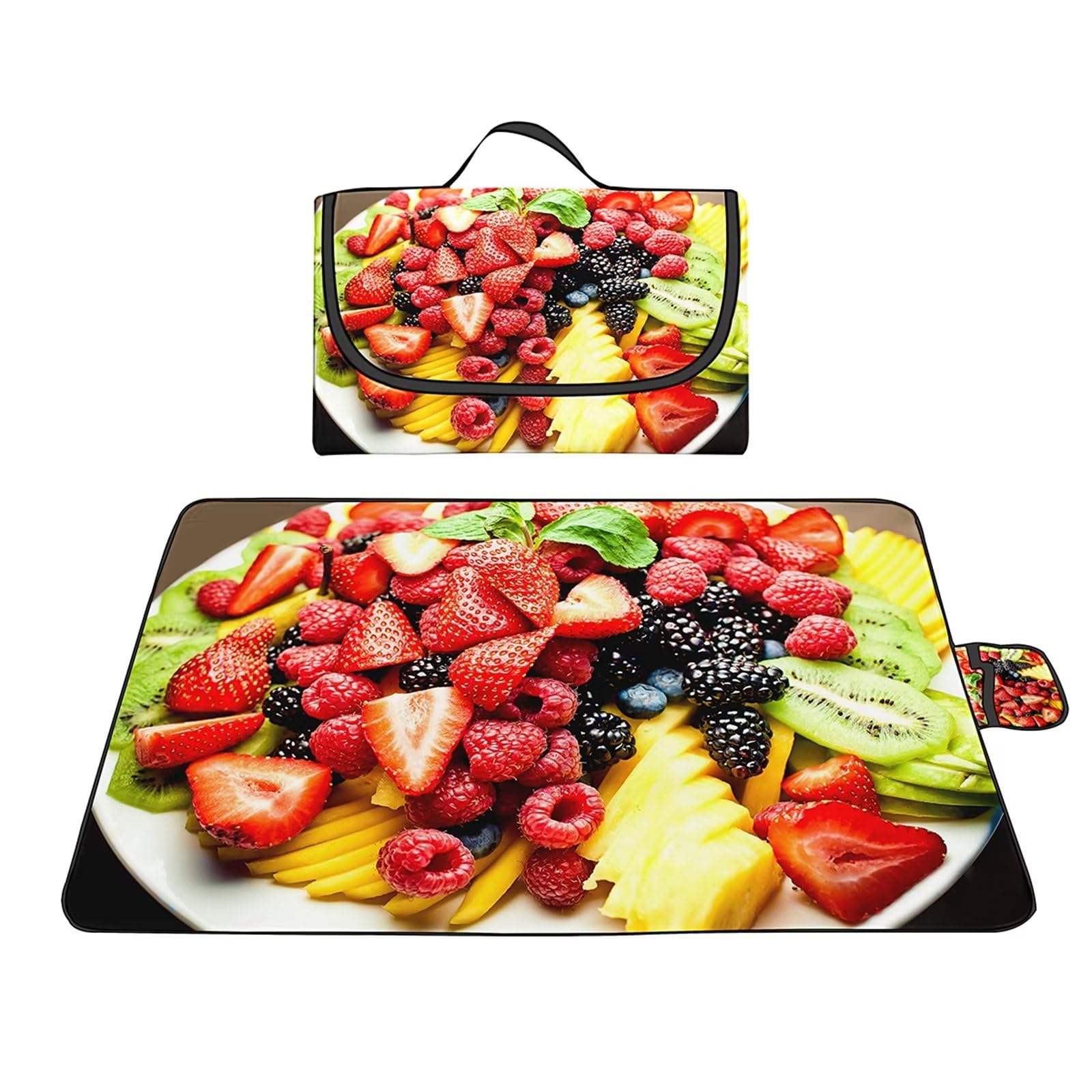 Couverture Pique-nique Imperméable 180x200cm,Couverture Plage Extérieure XXL Tapis de Plage,Fruits de la fraise Camping Couverture étanche Pique-nique avec Poignée pour Camping Randonnée Parc Plage