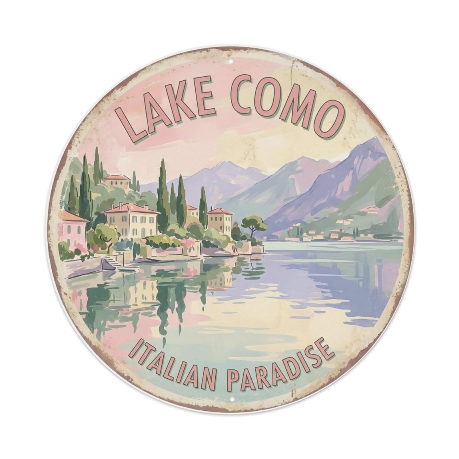 Vintage Travel Como Lake Italy Metal Tin Sign Plaque Wall Decor for Cafe, Club Bar, Office, Home Garden Round Metal Poster 8x8Inch