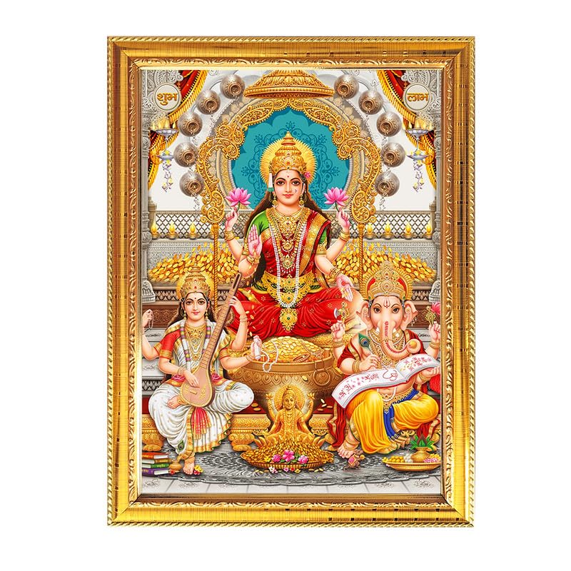 Fashnkart Maa Laxi, Saraswati and Ganesh Ji Golden Photo Frame for Pooja Indian with a religious or spiritual theme Temple Puja Room Home Décor Worship 8.6 X 11