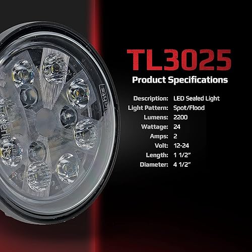 Miniatura 8 de TIGERLIGHTS TL3025 24W LED sellado redondo Hi/Lo Beam 12V compatible con/reemplazo para John Deere 3300, 4400, 4420, 6600, 6602, 6620, 6622, 7700,