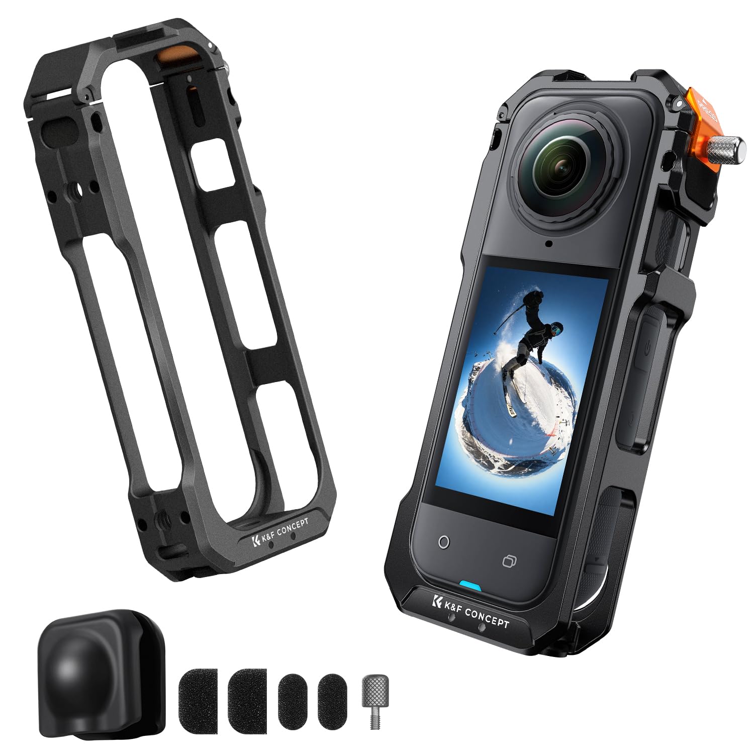 Klatka fotograficzna K&F CONCEPT Standard do kamery Insta360 X5, aluminiowa obudowa z silikonową osłoną obiektywu, otwór na śrubę 1/4", ramka ochronna z 2 stopkami, akcesorium do kamery sportowej