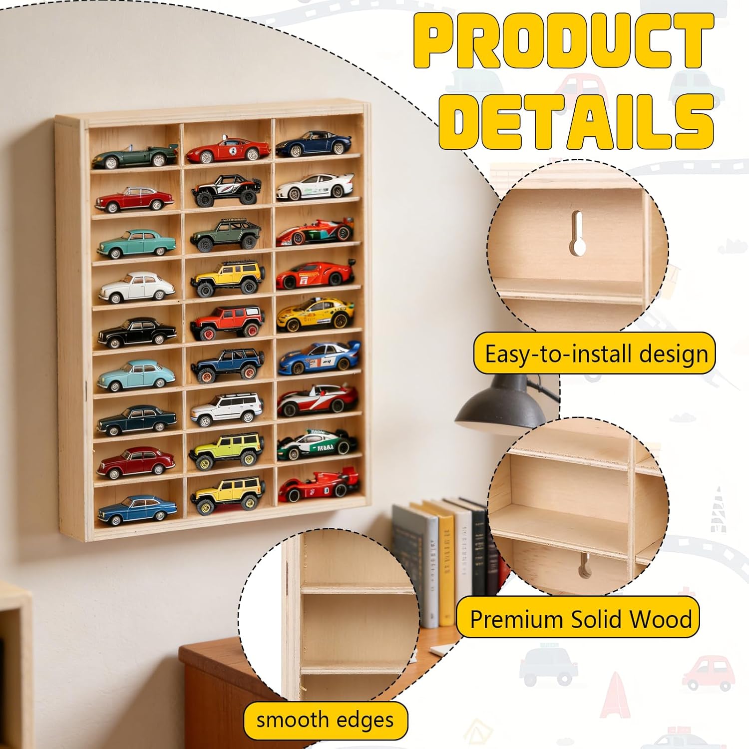 for Hotwheels Wooden Display Case 27 Space for 1/64 Scale Toy Cars Display Case Wall Mount for Hotwheels Storage Display Shelf Toy Car Storage Model Car Display Organizer Fit for Diecast Matchbox Gift