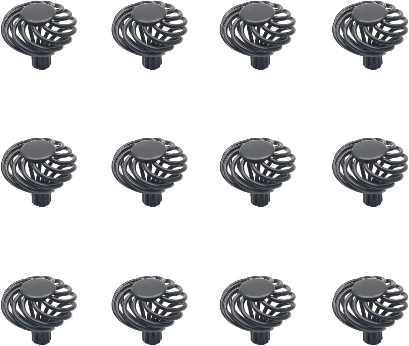 Cabinet Knobs,12-Pack, Knob 1.3" Dia. Round Birdcage Hollow Shape Matte Black Iron