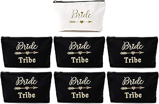 7 Pieces Bridesmaid Gifts Set - 1 Bride Makeup Bag 6 Bride Tribe Makeup Bags for Wedding Engagement Bridal Shower Bachelorette Party Favors Bridesmaid Proposal Gifts Ideas (Black)