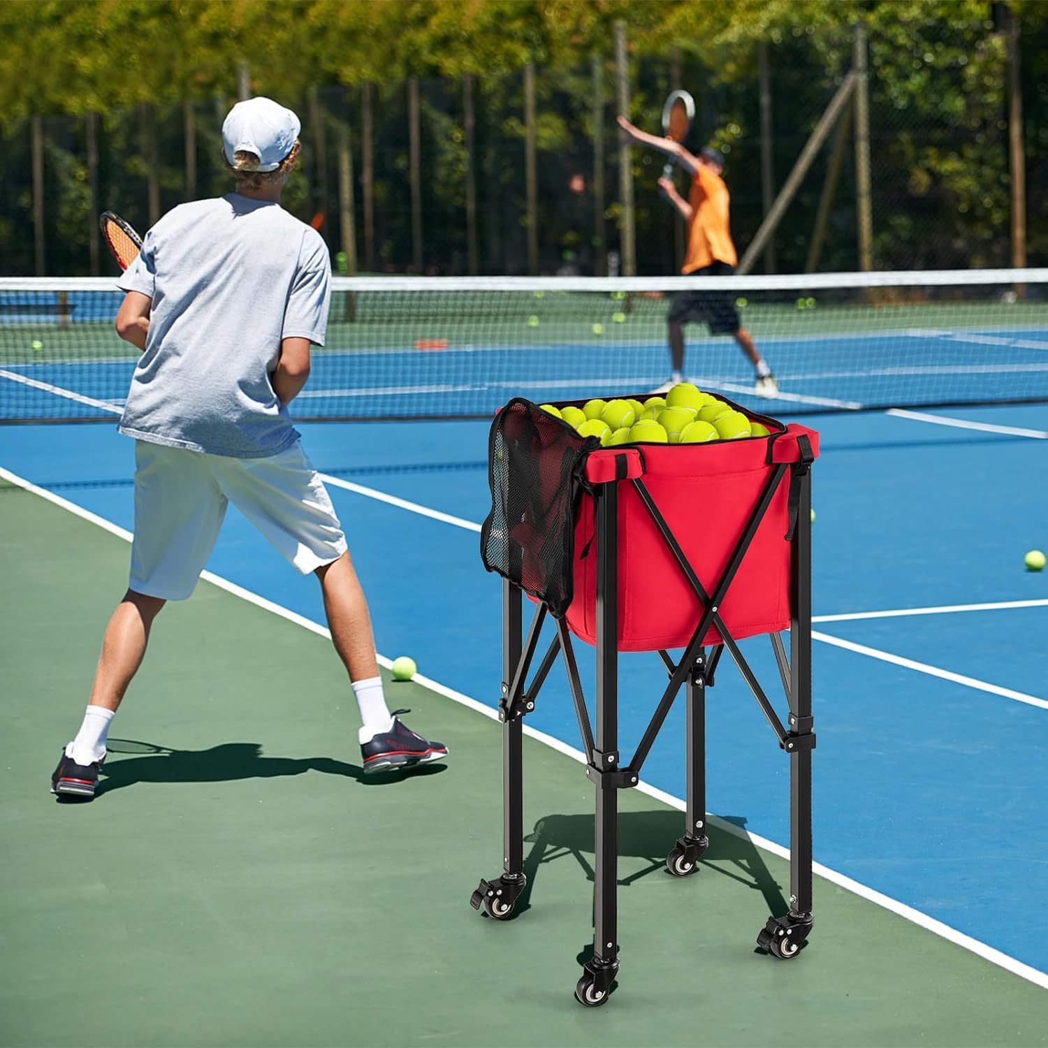 GYMAX Carrito para Pelotas de Tenis, con Marco de Aluminio y Bolsa de Transporte, Carrito de Tenis de hasta 30 kg, Carrito de Transporte para Pelotas de Tenis, Béisbol y Pelotas de Pickball