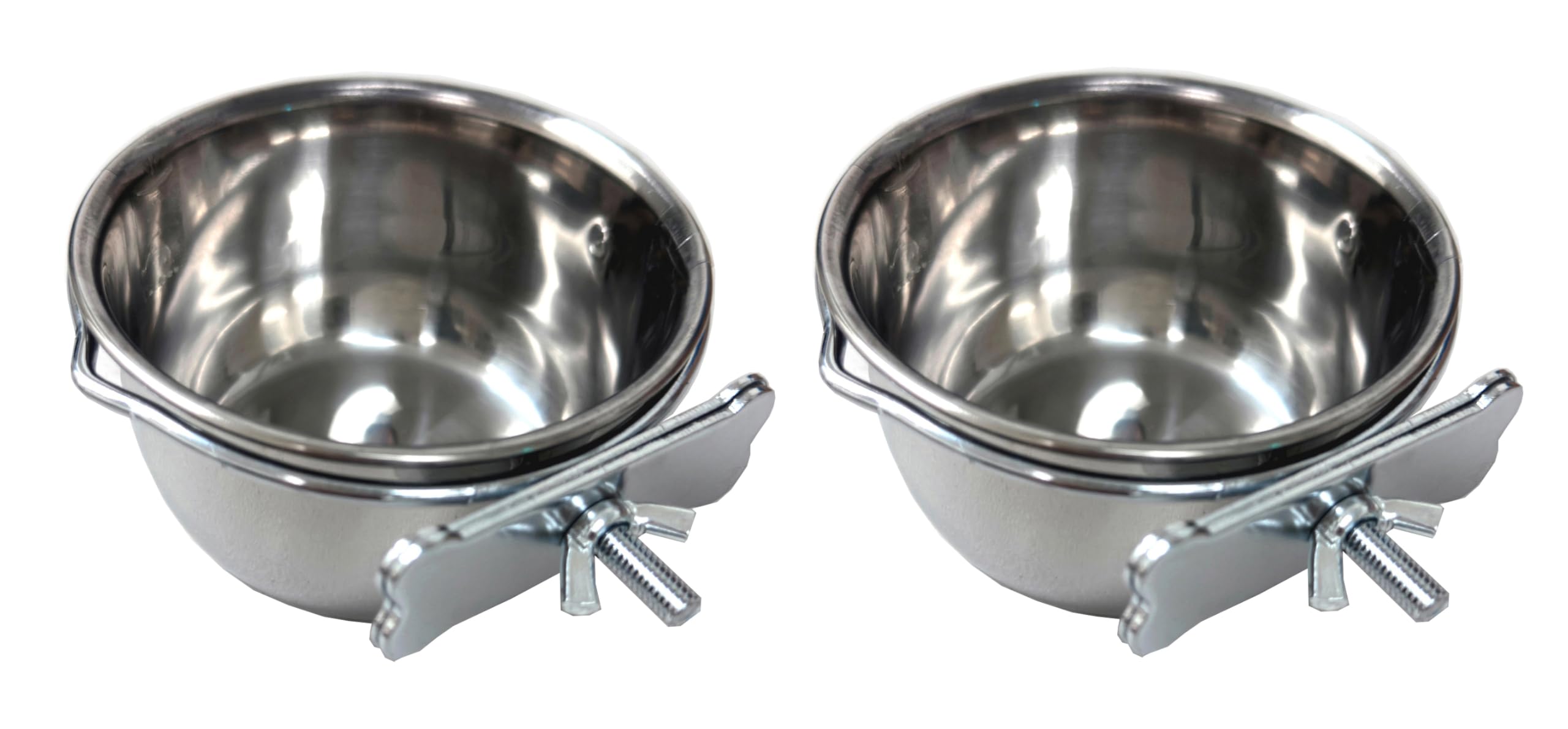 Lot of 2 Bird Parrot Cage Stainless Steel Seed Water Feeder Replacement 4-Inch Wide 2-Inch Deep Cups with Adjustable Cage Holders