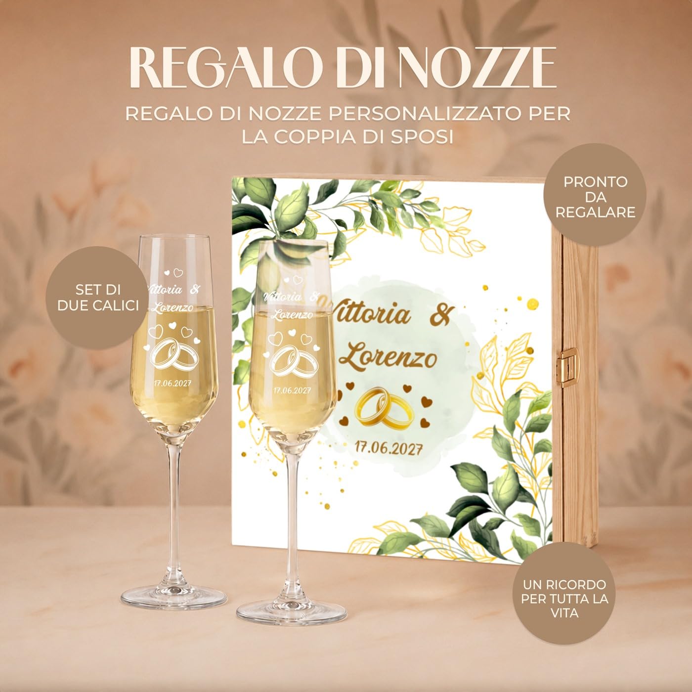 Maverton Calici Champagne in Scatola di Legno Personalizzata
