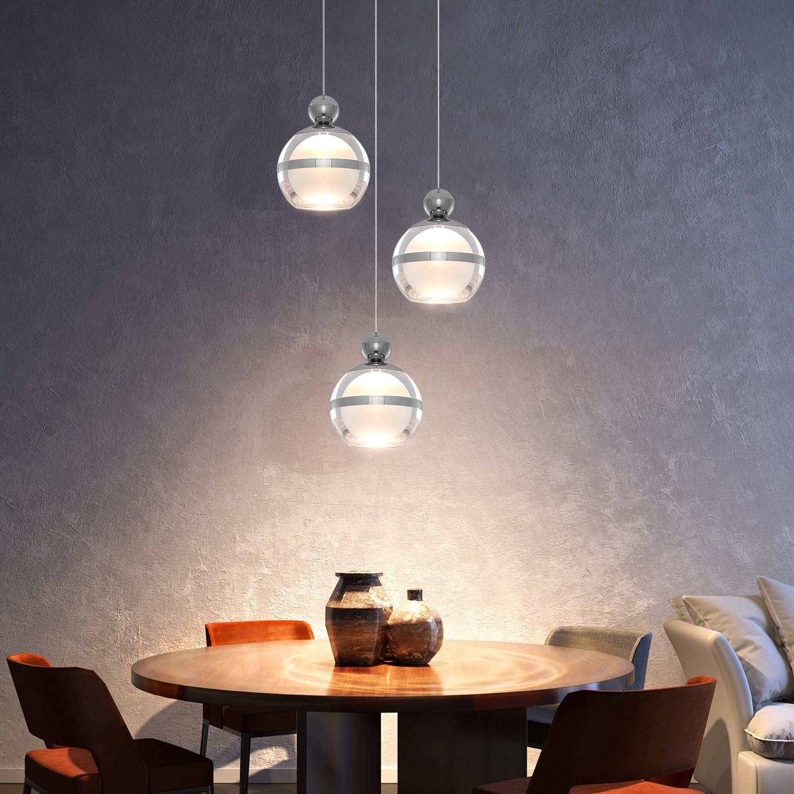 Cluster Acrylic Pendant Lighting, 3 Light Chrome Globe LED Hanging Pendant Light Fixtures with Dimmable, Modern Pendant Lights Kitchen Island for Dining Room Living Room Bedroom Stairs