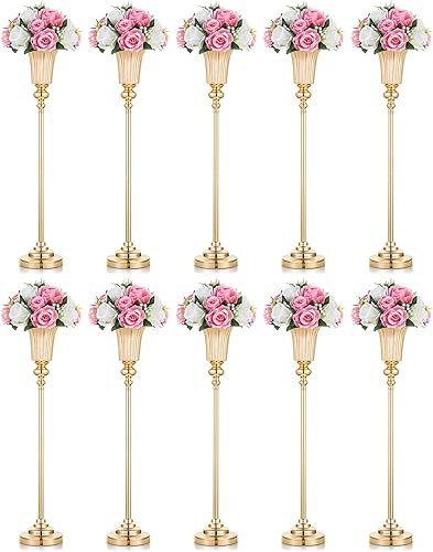 NUPTIO Jarrón de centro de mesa alto dorado 10 piezas de 30.5 "Soporte de flores de boda para mesa jarrón de trompeta de metal para decoraciones de