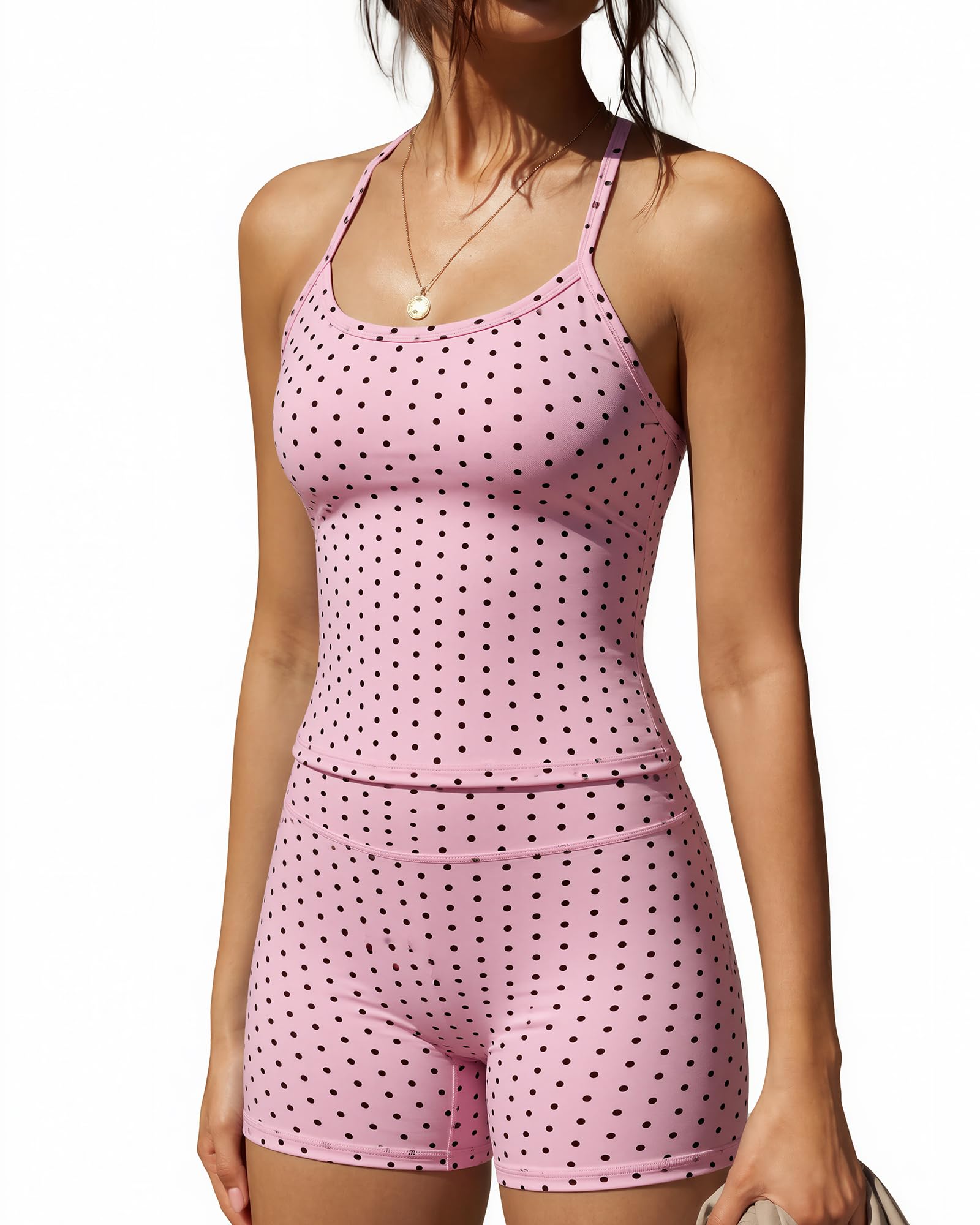 SUUKSESS Women 2 Piece Workout Sets High Waisted Tummy Control Biker Shorts Halter Padded Tank Tops