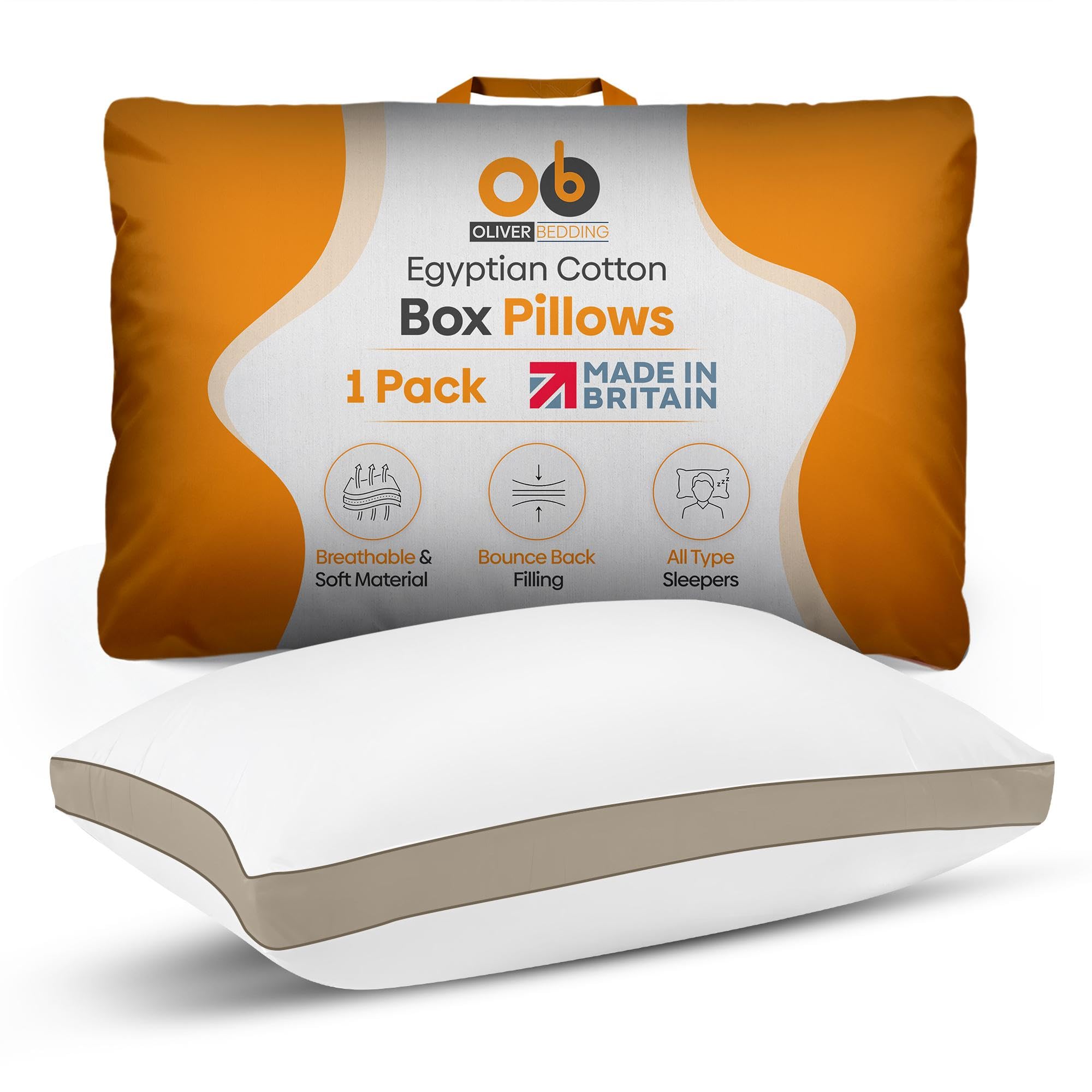 Oliver Bedding Egyptian Cotton Box Pillows Hotel Quality Pillows for Back Stomach and Side Sleepers Down Alternative Filling Bed Pillow Hypoallergenic Breathable Washable Cover (Beige, Pack of 1)