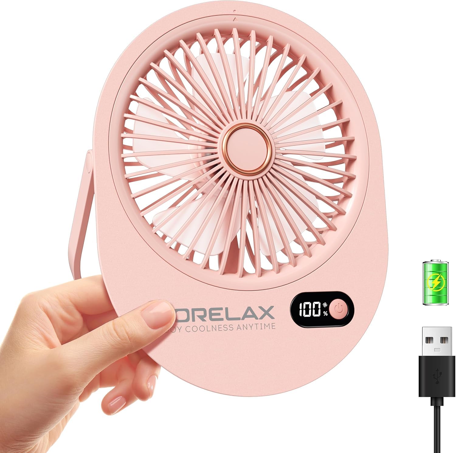 Mini USB Desk Fan Rechargeable Ultra Quiet 180° Folding 6 Speeds Desktop Fans with LED Display, Child-Safe Grille Cooling Small Portable Table-Fan for Office/Bedroom, Gifts for Women/Men/Girls (Pink)