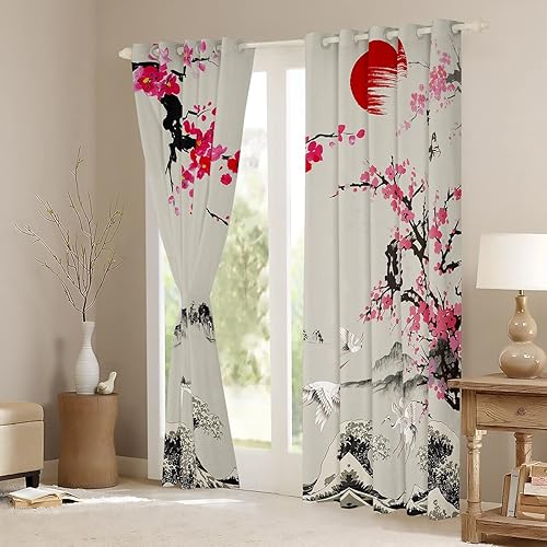 Miniatura 10 de Cortinas de ventana con diseño de cerezo en flor para dormitorio, sala de estar, cortinas japonesas de montaña Fuji para niños y niñas, cortinas de