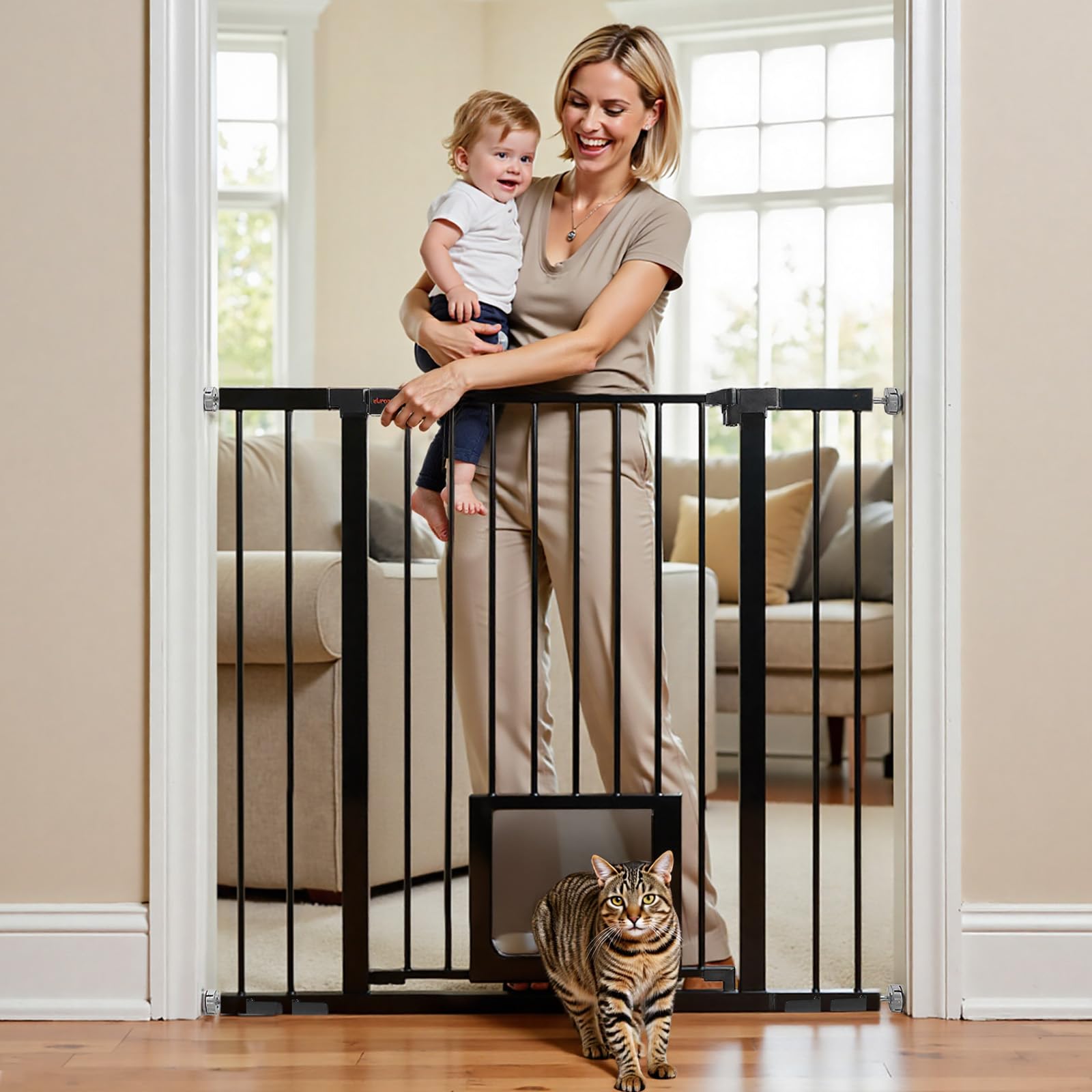 UBRAVOO Barrera de Seguridad Puerta para Bebés Puerta para Perros Altura 100 CM Puerta de Seguridad para Niños 76-104 cm de Ancho Cierre Automático Triple Bloqueo Abierto Mantenga la Puerta