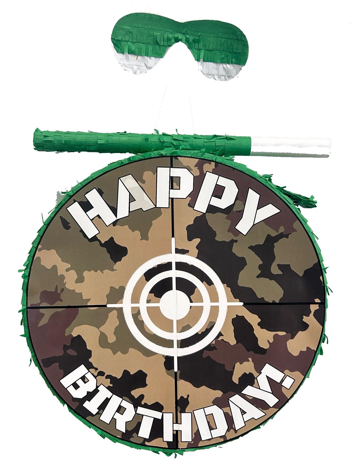 APINATA4U Green Camouflage Target Pinata Set with Stick and Blindfold, 16x4 Inches, Hunting Game Party Supplies, Happy Birthday Bullseye Decorations for Kids, Dart Gun and Army Themed Party