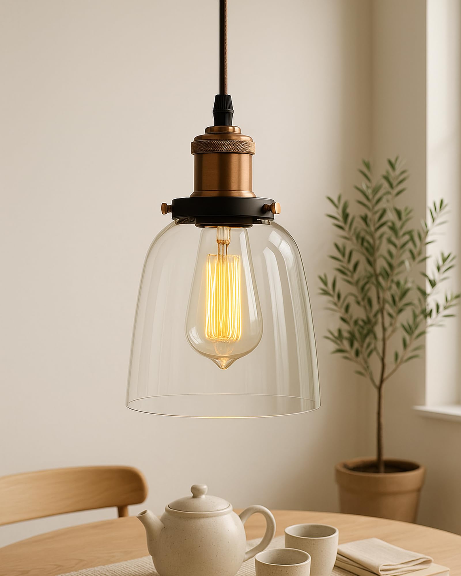 Homesake Pendant Light with Bell Glass Shade, Metal Base Cap and Adjustable Textile Cord, Industrial Style Retro Hanging Lamps for Dining Living Room, Antique Copper-image-31