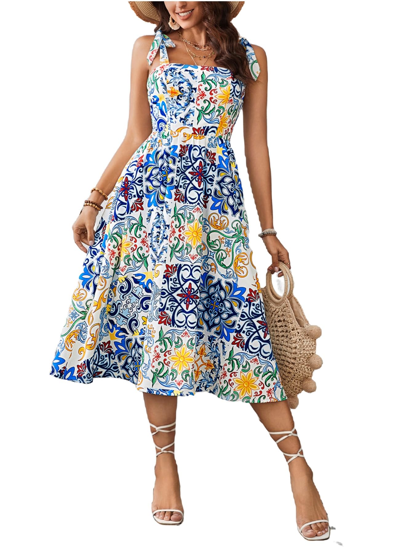 Robe longue bohème imprimé floral col carré volants bretelles - 6