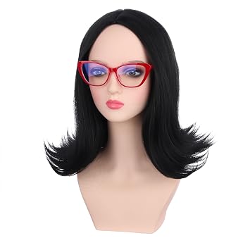 Girls Black Wig Women Short Black Wavy Curly Wig with Bangs for Cosplay Party Heat Resistant Synthetic Wigs with Cap