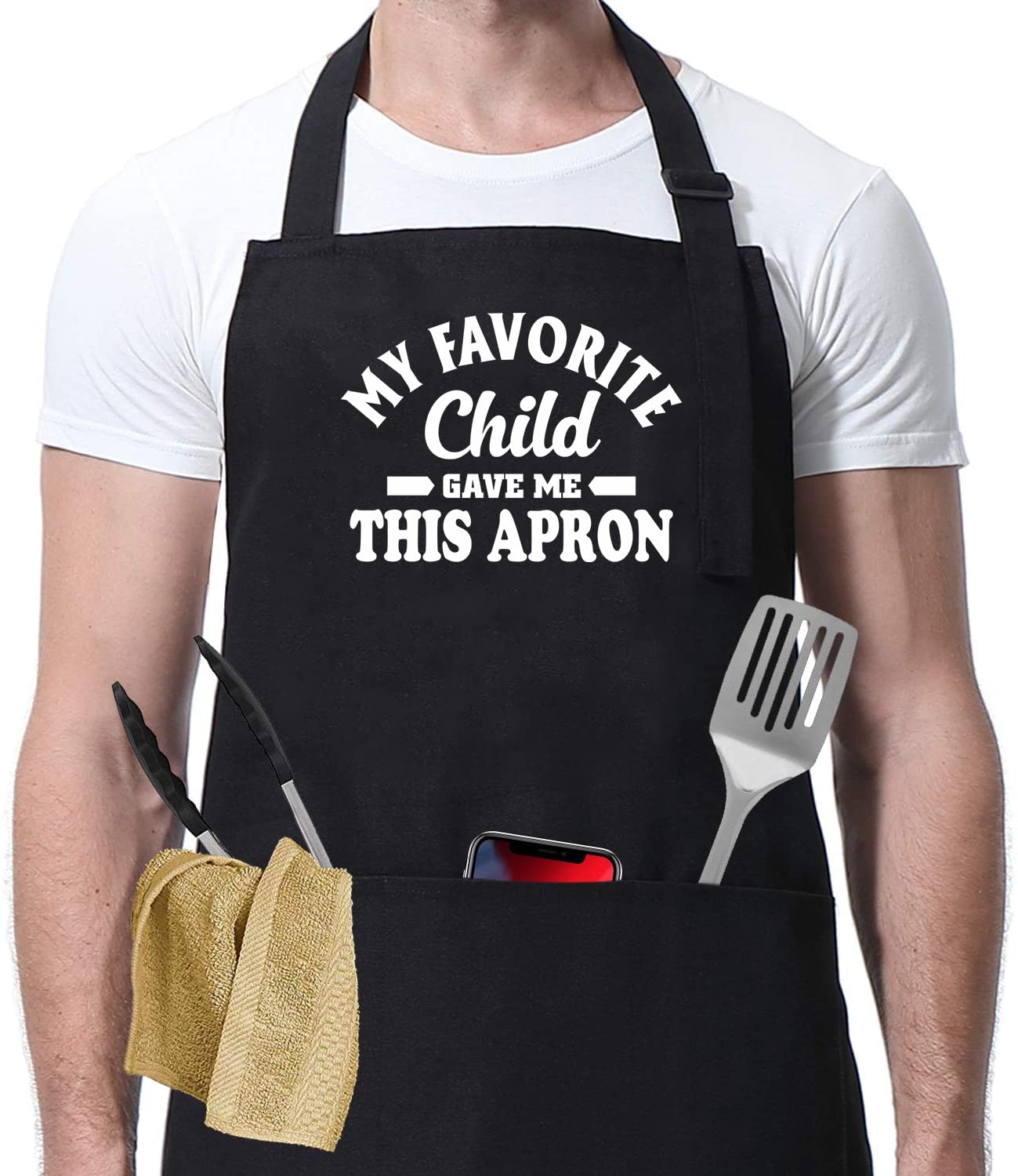 HTDesigns My Favourite Child Gave Me This Apron - Grandad Dad Step Dad Daddy - Gift Present Funny - Fathers Day - Kitchen Chef - from Son from Daughter