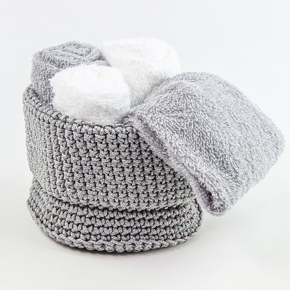 Generico Susanna Home Set 4 Lavette 30x30 - Asciugamano Ospite in Spugna di Cotone - Confezionato in elegante cestino uncinetto (GRIGIO)