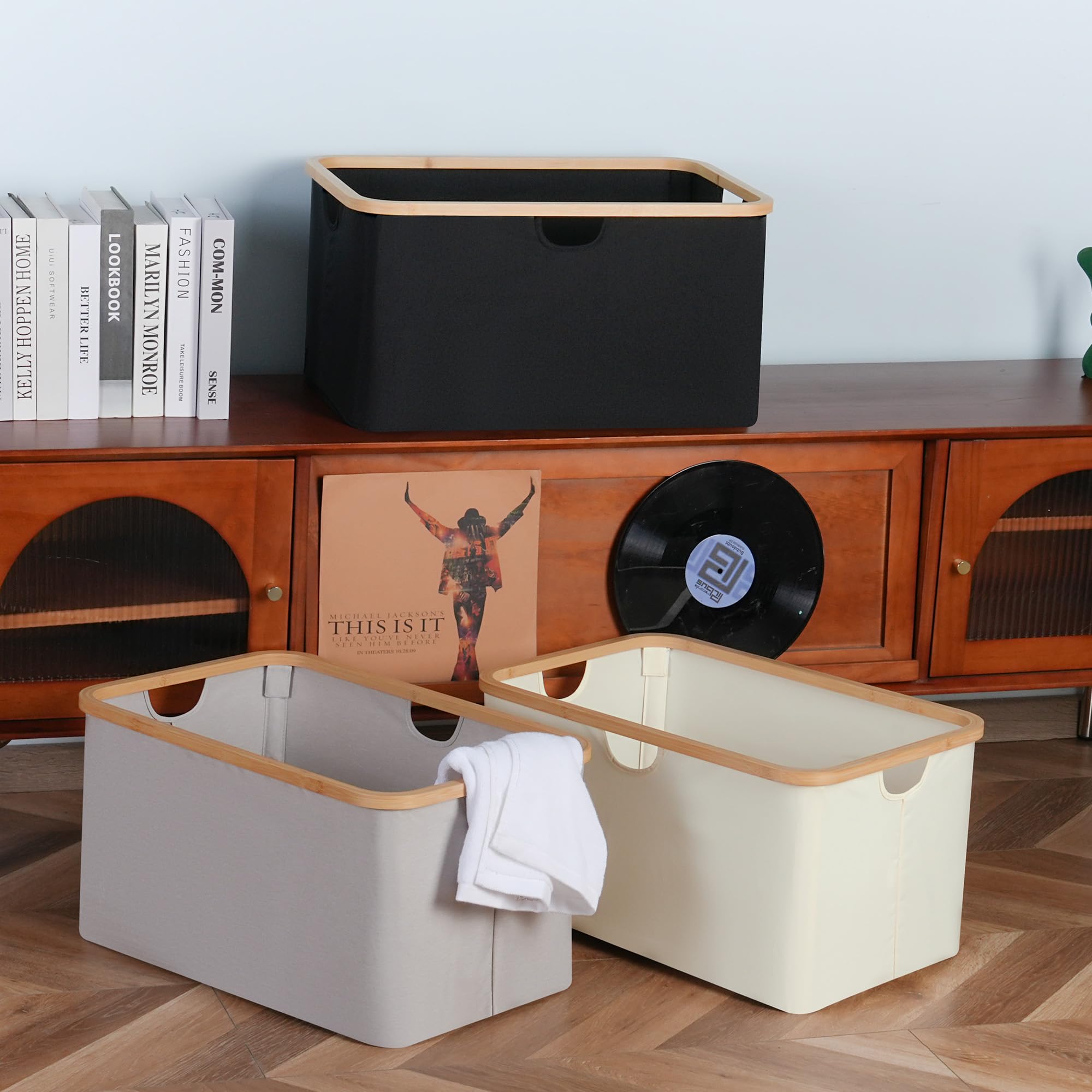 iEGrow Storage Bins,Large Collapsible Storage Baskets With Bamboo Handles, 63L Rectangle Closet Storage for Organizing Toys, Books, Shelves, Closet,Beige