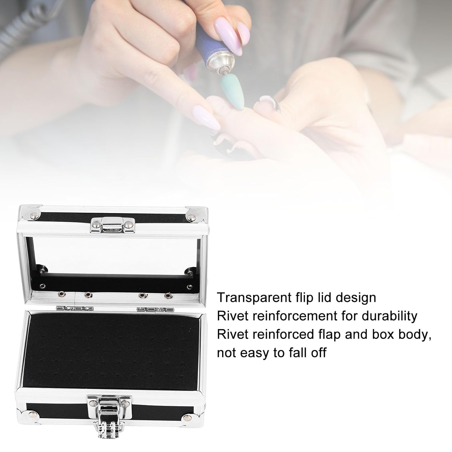 Pomya Nail Drill Bit Holder Storage Box, Multi Hole Nail Drill Bits Stand Displayer with Transparent Cover, Nail Bits Organizers Container (Black)