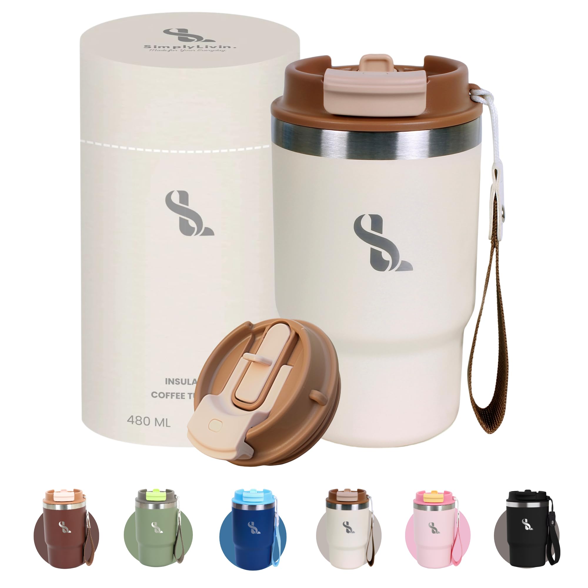 SimplyLivin Insulated Coffee Cup Travel Mug 480ml 16oz | Tumbler Flask with Straw & Spout Lid | Leakproof | 8H Hot 12H Cold | Reusable Coffee Cup | Stainless Steel Tumbler | Gift | Classic Beige