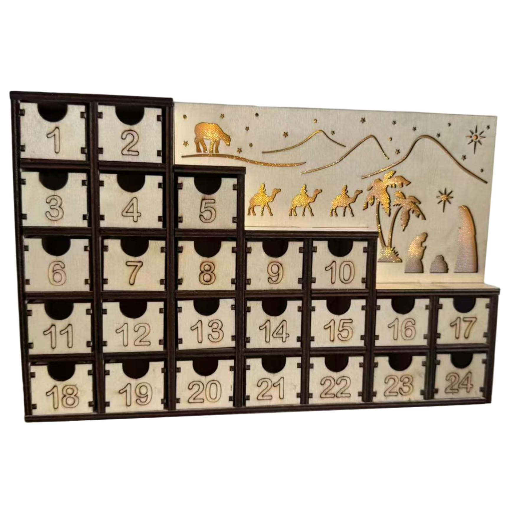 Calendario dell'Avvento in legno con cassetti LED Conto alla rovescia per 24 giorni Calendari dell'Avvento vuoti fai-da-te da riempire riutilizzabili per decorazioni per feste natalizie
