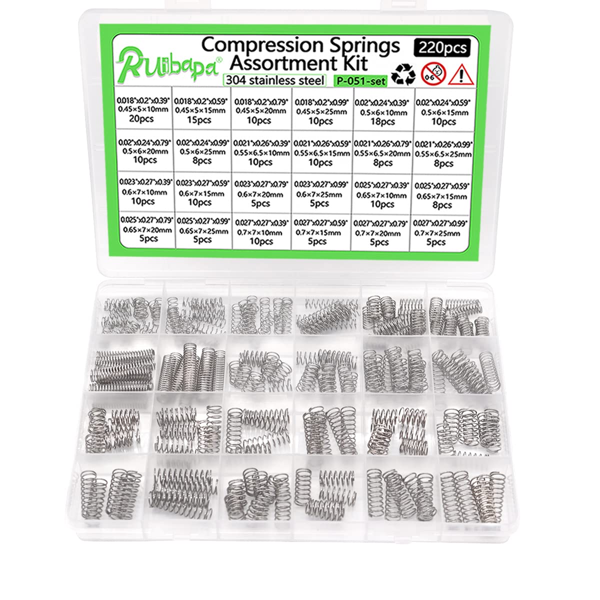 Ruibapa 220PCS Compression Springs Assortment Kit 304 Stainless Steel