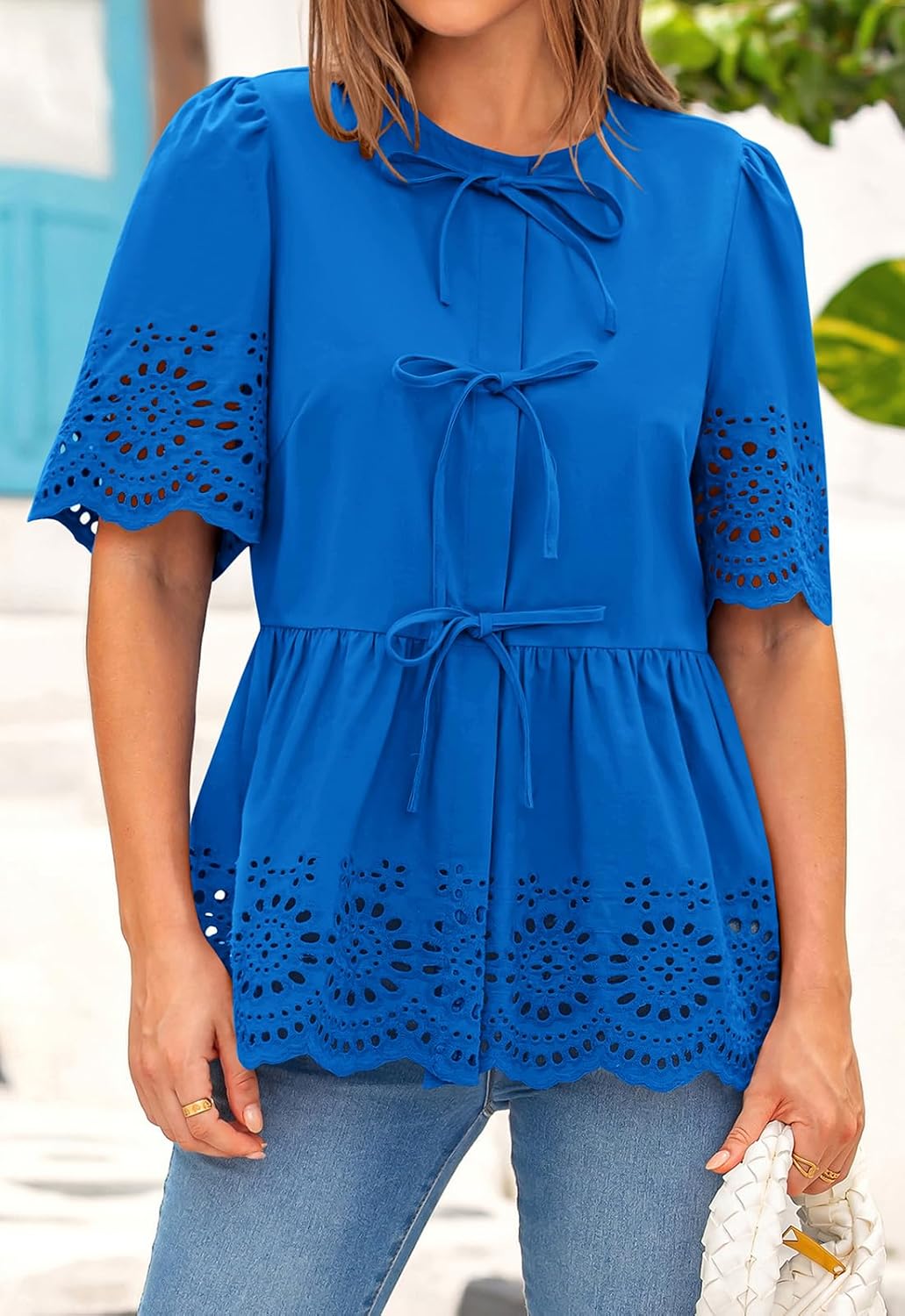 PRETTYGARDEN Tie Front Peplum Tops for Women Summer Y2K Short Sleeve Babydoll Cute Going Out Top Eyelet Blouse Shirt - Image 8