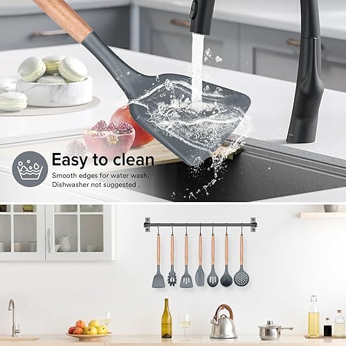 Miniatura 6 de Juego de utensilios de cocina, 16 piezas de utensilios de cocina de silicona con soporte, mango de madera antiadherente, espátula de silicona,