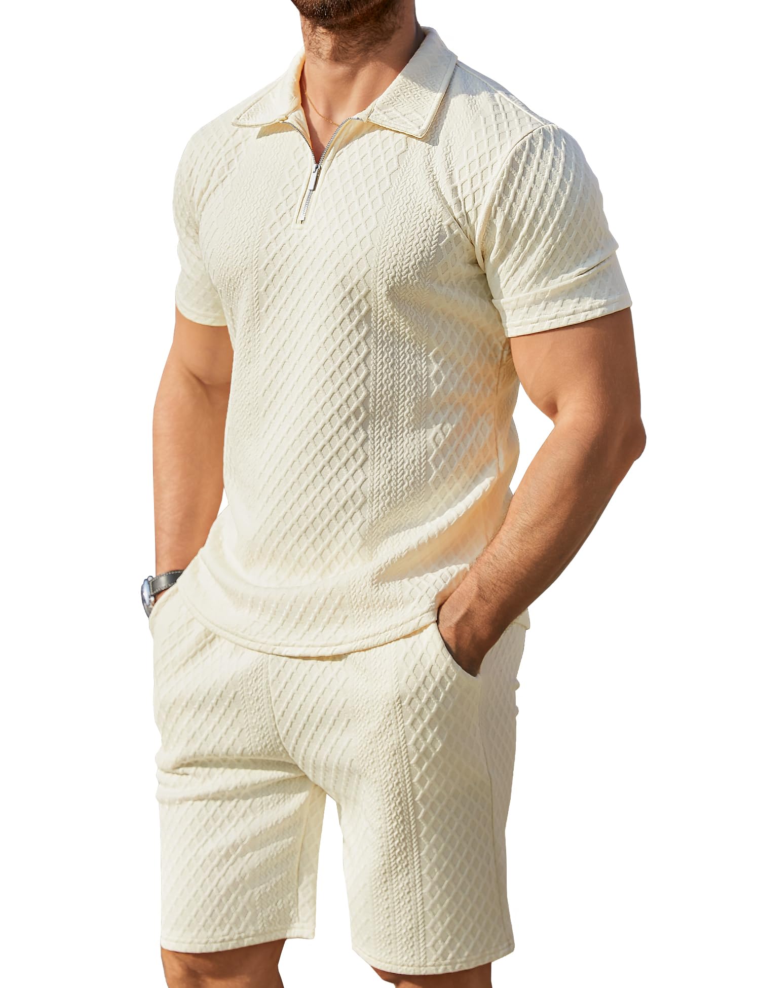 View 1 of **PINK**Csqopt Men's Polo Shirt and Shorts Set Summer Outfits Fashion Casual Short Sleeve Polo Suit for Men 2 Piece Shorts Tracksuit Pink XL