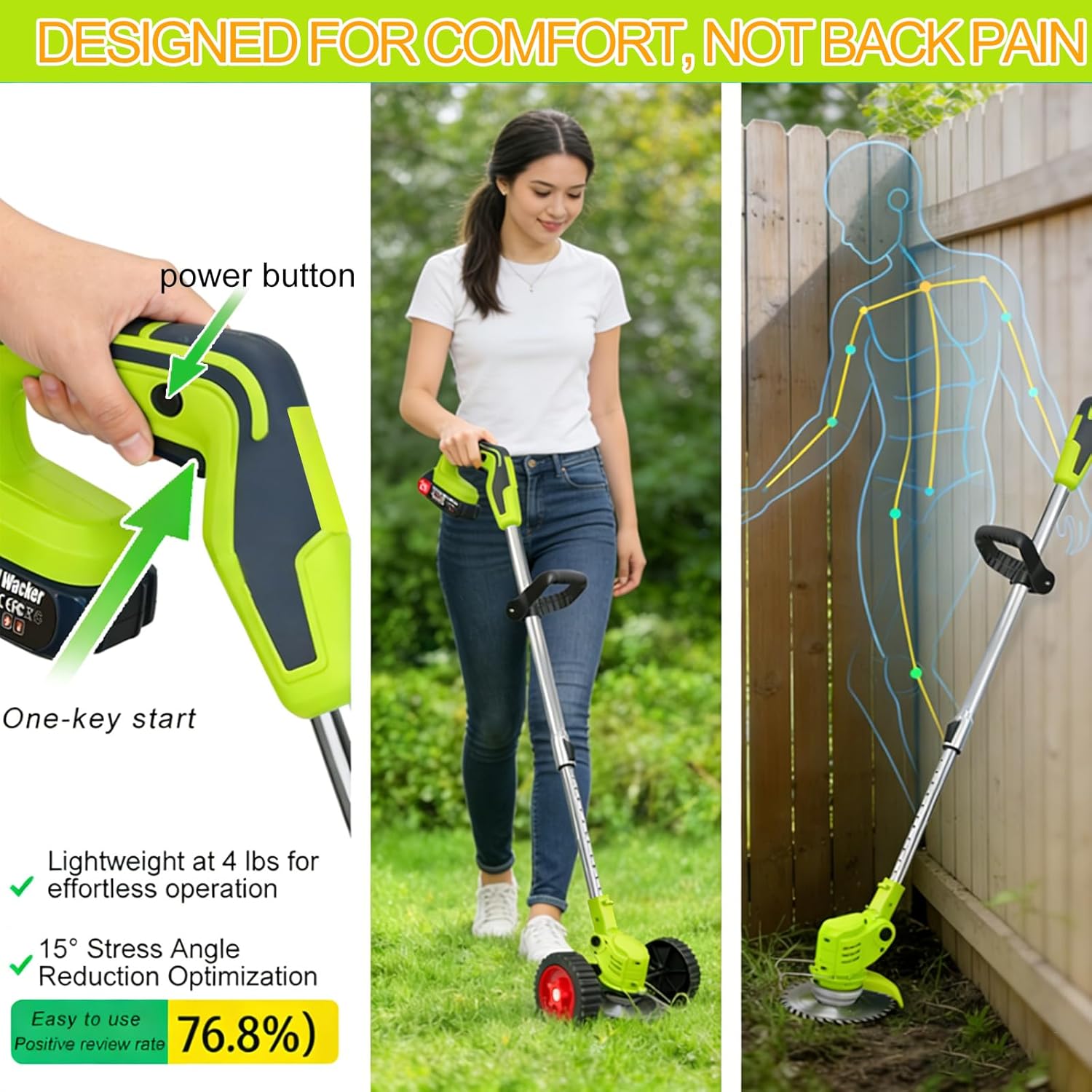 Electric Weed Wacker Cordless, with 2×4.0Ah Batteries, 3-in-1 Cordless Brush Cutter, Lightweight Weed Cordless Eater Battery Powered, Stringless Grass Trimmer, 32-Piece Multi-Blade Kit (Green)
