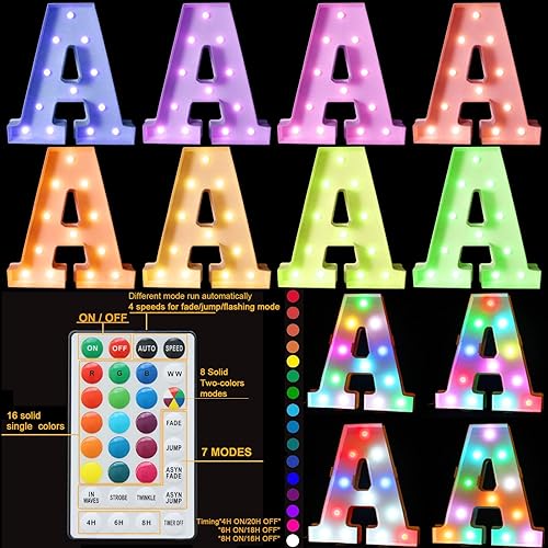 Vista 2 de Pooqla Letras iluminadas de marquesina de 3 pies, letras de mosaico con luz LED que cambian de color con control remoto, letras de bloque grandes