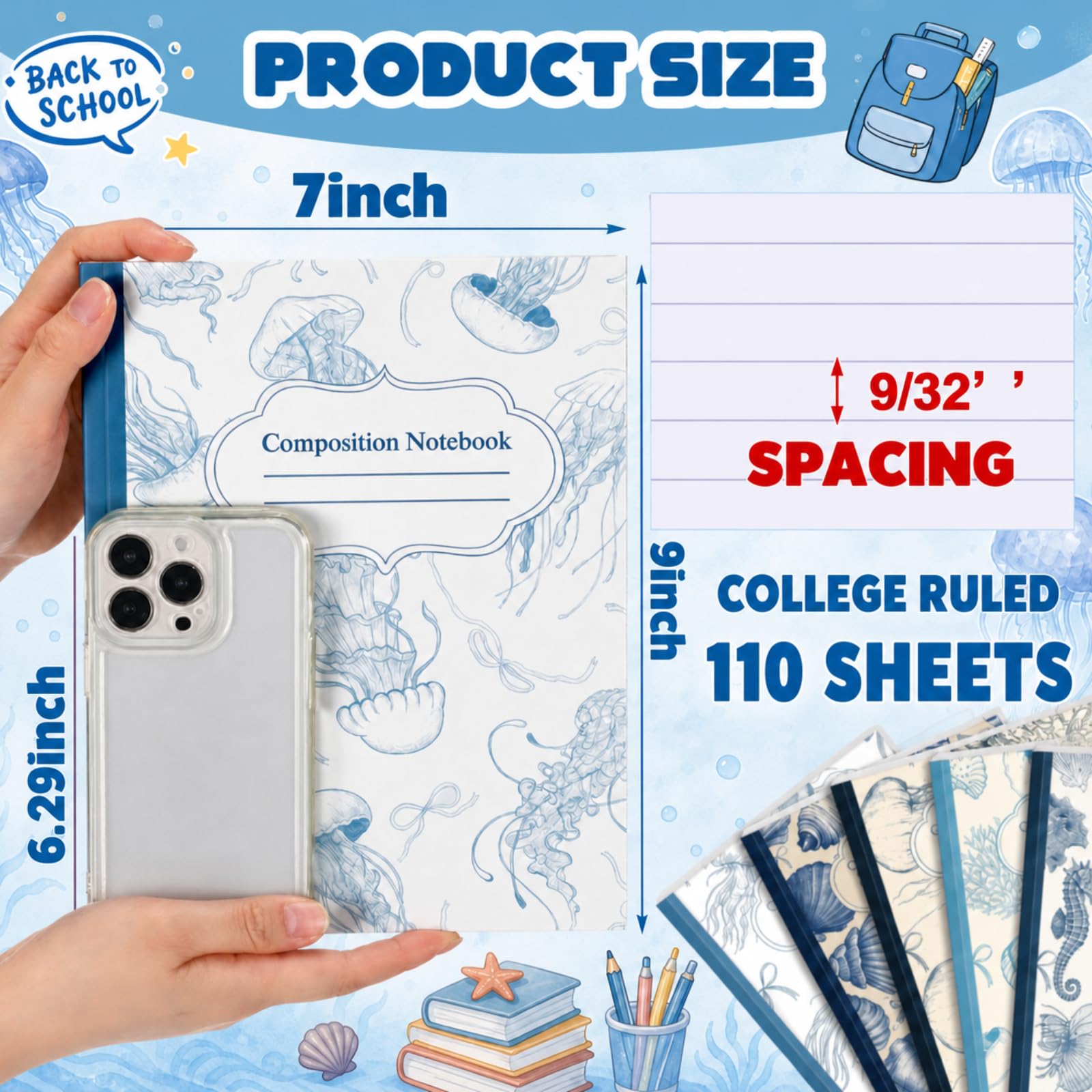 Niebieski Amazingspark 6-pak retro morska kompozycja zeszyty College
