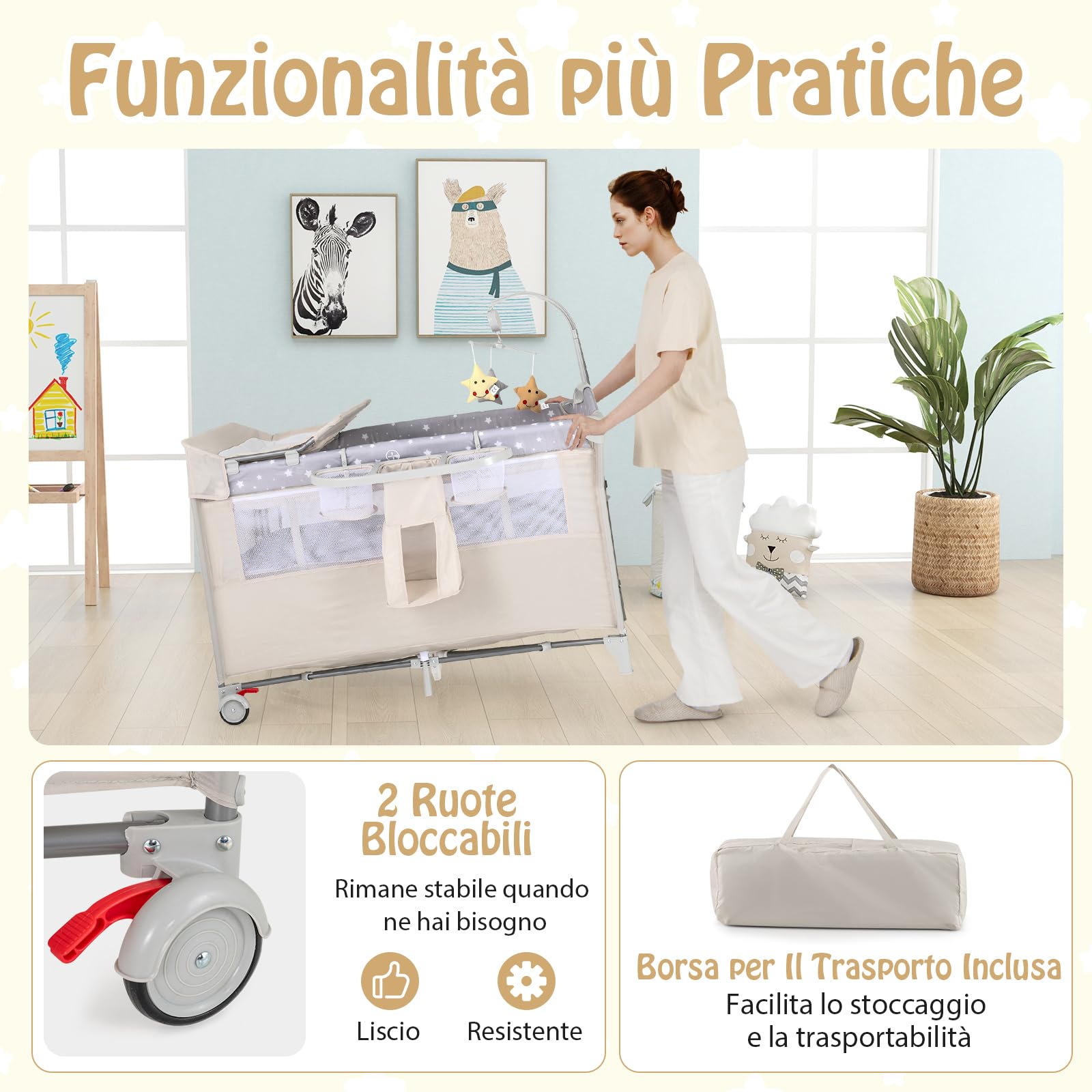 RELAX4LIFE 5 in 1 Lettino da Campeggio per Bambini, Culla Neonato con Fasciatoio e Cingia Fissagio, Carillon e 3 Giocattoli Appesi, Adatto a Bambini da 0 a 36 Mesi (Beige)