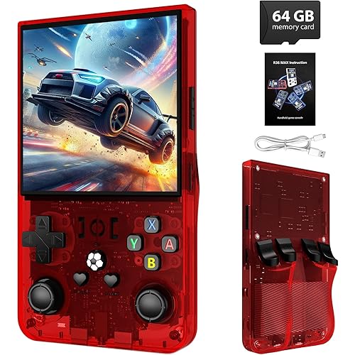 R36MAX Retro Handheld Game Console - 64GB Preloaded Classic Video Games, Support 30+ Simulators, Linux-Powered Portable Game Emulator Console with 4.0-in HD IPS Screen (Transparent Red)