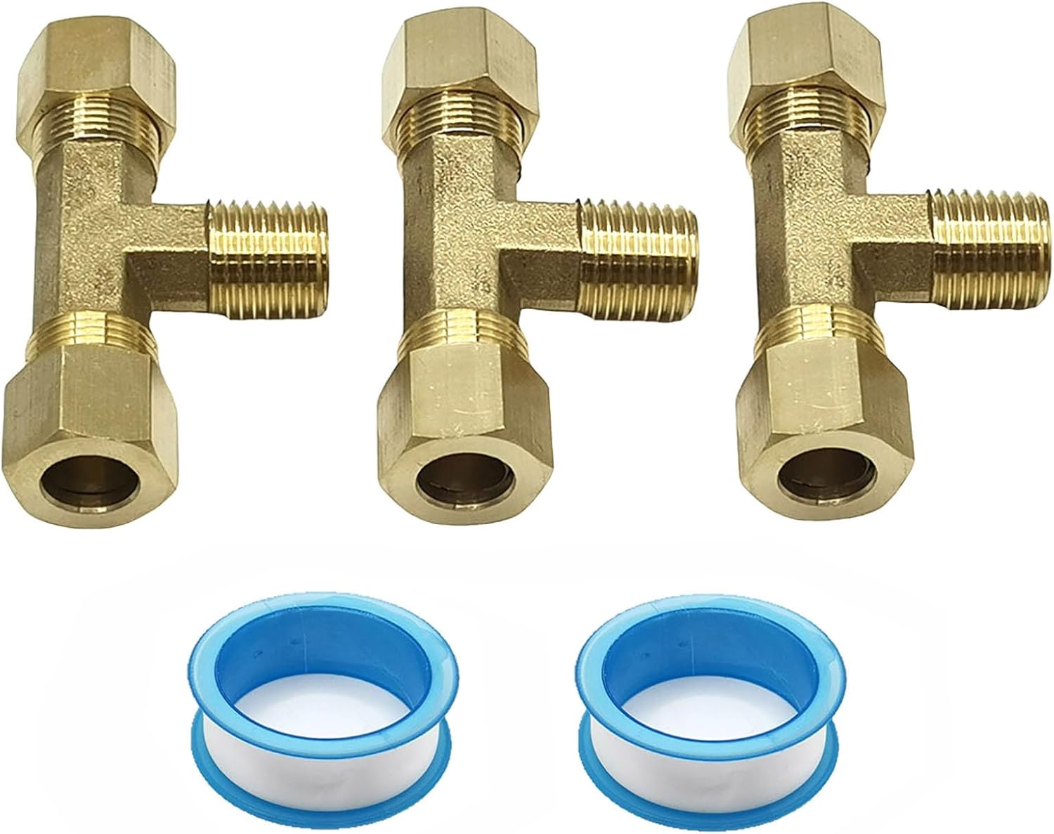3 Pcs 3/8" OD x 1/4" NPT x 3/8" OD Brass Compression Tube Tee Pipe Fitting Connector for Using in Fuel Air Lquid Oil Gas Vacuum Lines Systems with 2pcs Teflon Tapes