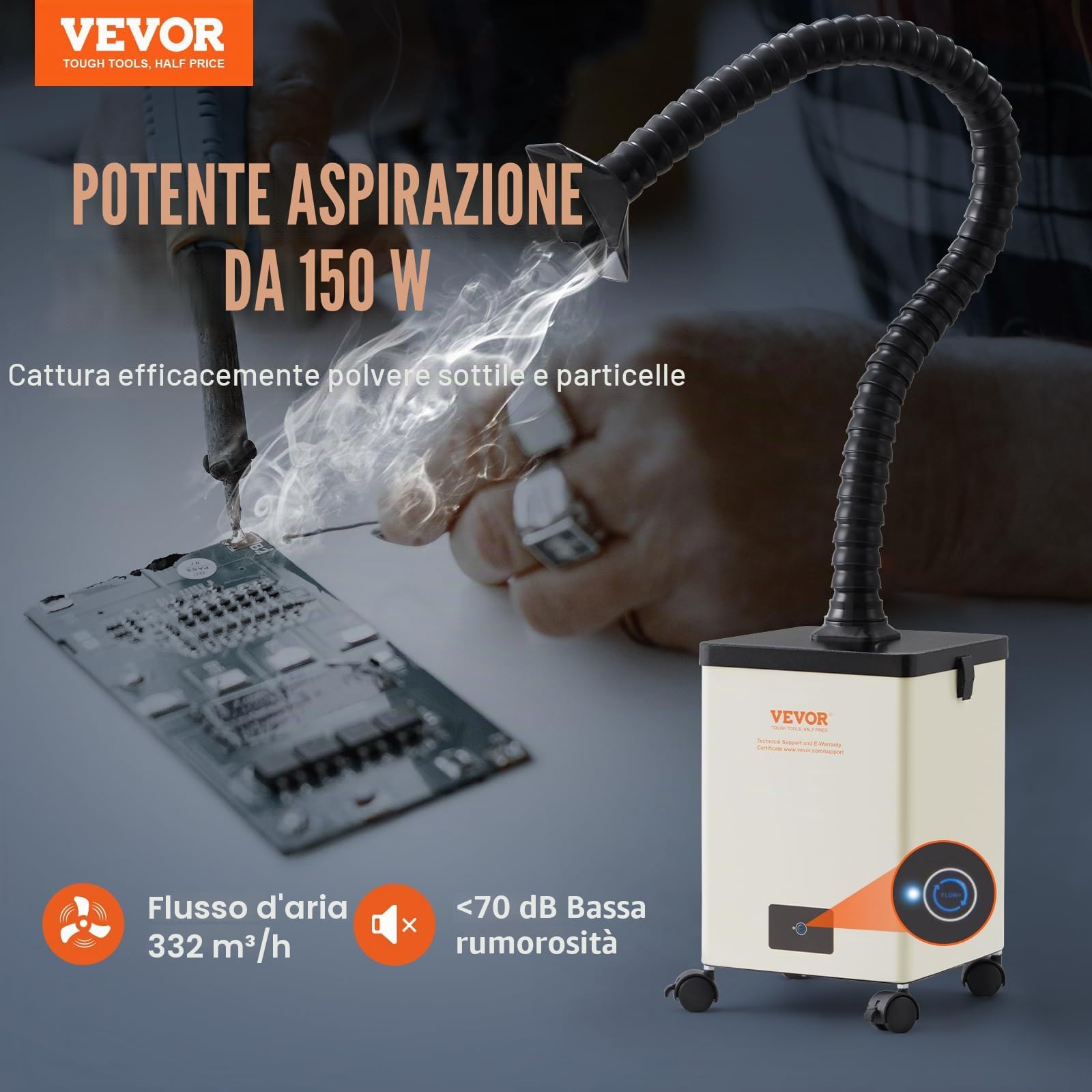 VEVOR Aspiratore Fumi di Saldatura 150W da Pavimento, Aspiratore Fumi di Saldatura Filtro a 3 Strati Flusso d'Aria 332 m³/h, Assorbitore Compatto Fumi di Saldatura per Incisioni di Saldatura Fai-da-te