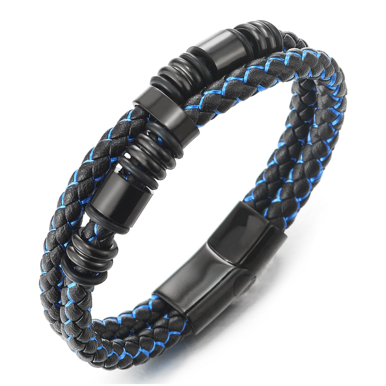 COOLSTEELANDBEYONDHombre Doble fila Cuero Trenzado Pulsera, Encantos de Acero Inoxidable, Cierre Magnético