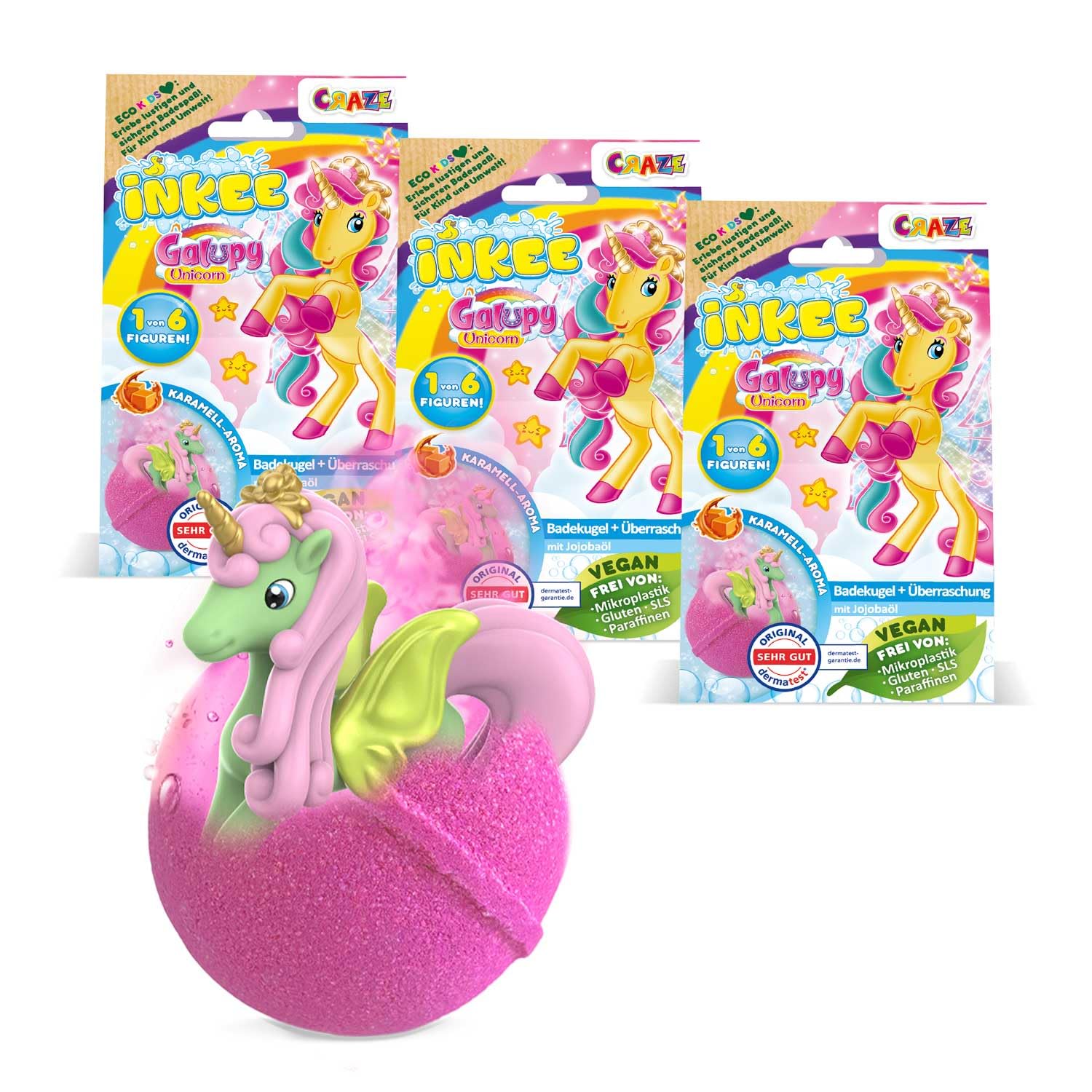 INKEE Galupy Unicorn Bath Bombs for Kids 3 Pack – 3X 100g Bubble Bath Fizzers with Collectible Unicorn Figures, Caramel Scent & Jojoba Oil – Fun Gift Idea for Children Age 3+