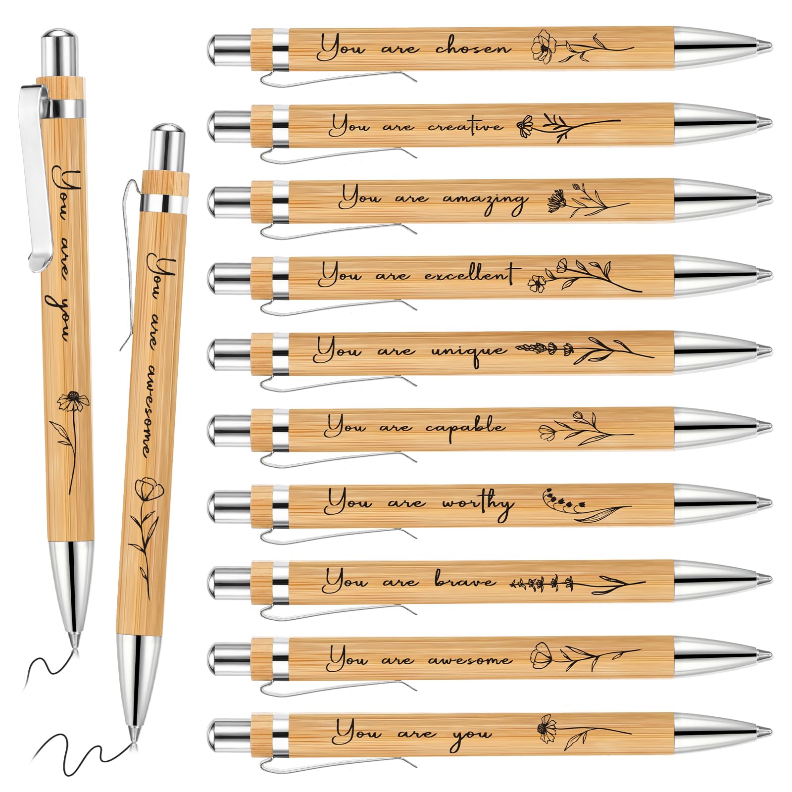 Watersay 10 Pcs Inspirational Bamboo Pens Flower Ballpoint Pens Bulk with Black Ink Employee Appreciation Thank You Gift for Women Men Coworker Staff