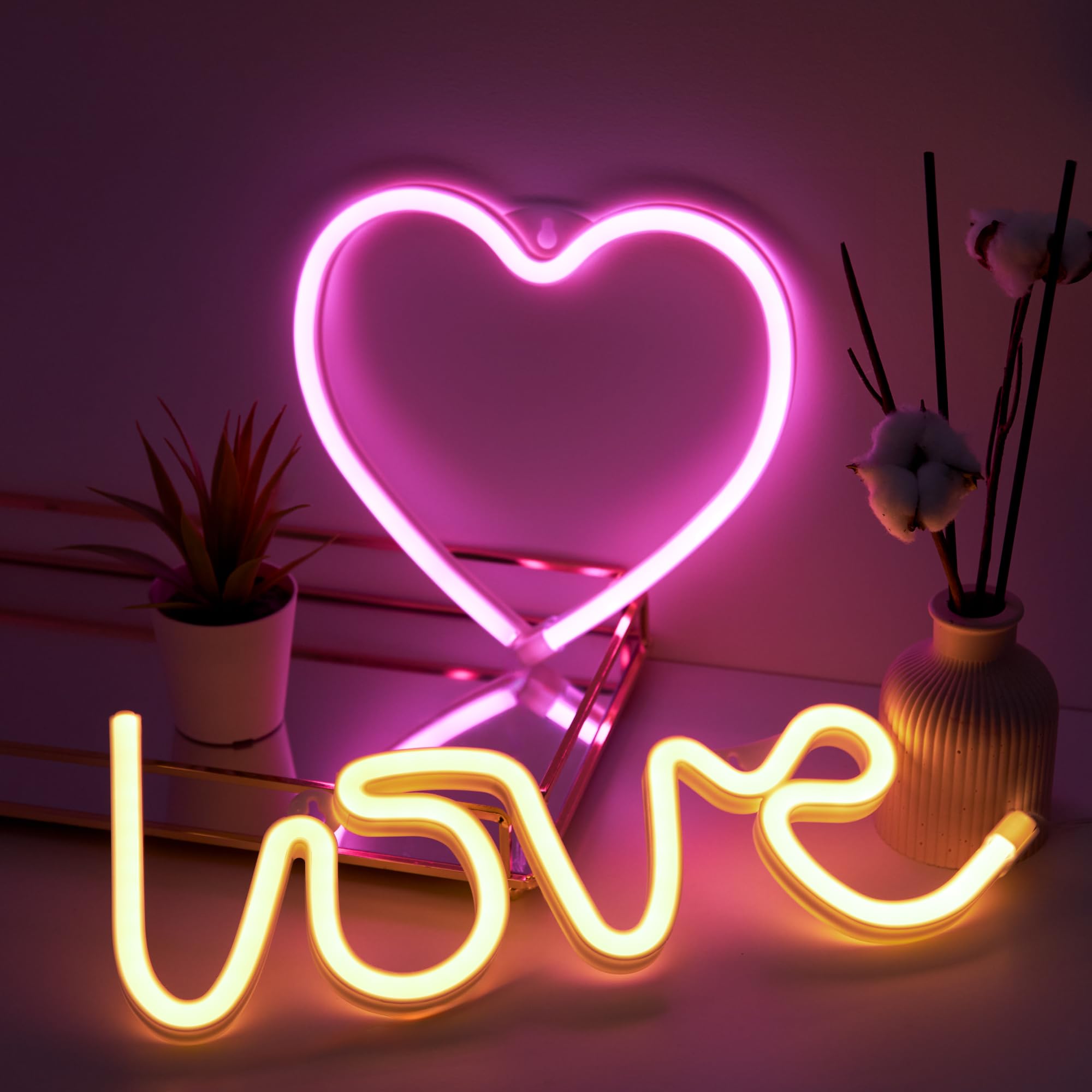 NELUX Pack of 2 Neon Light Sign LED - Love and Heart - Pink Neon for Girls Bedroom Decor Wall, Game Room Night Lamp Lights Signs Boys Kids Gifts. Powered by USB or Battery.
