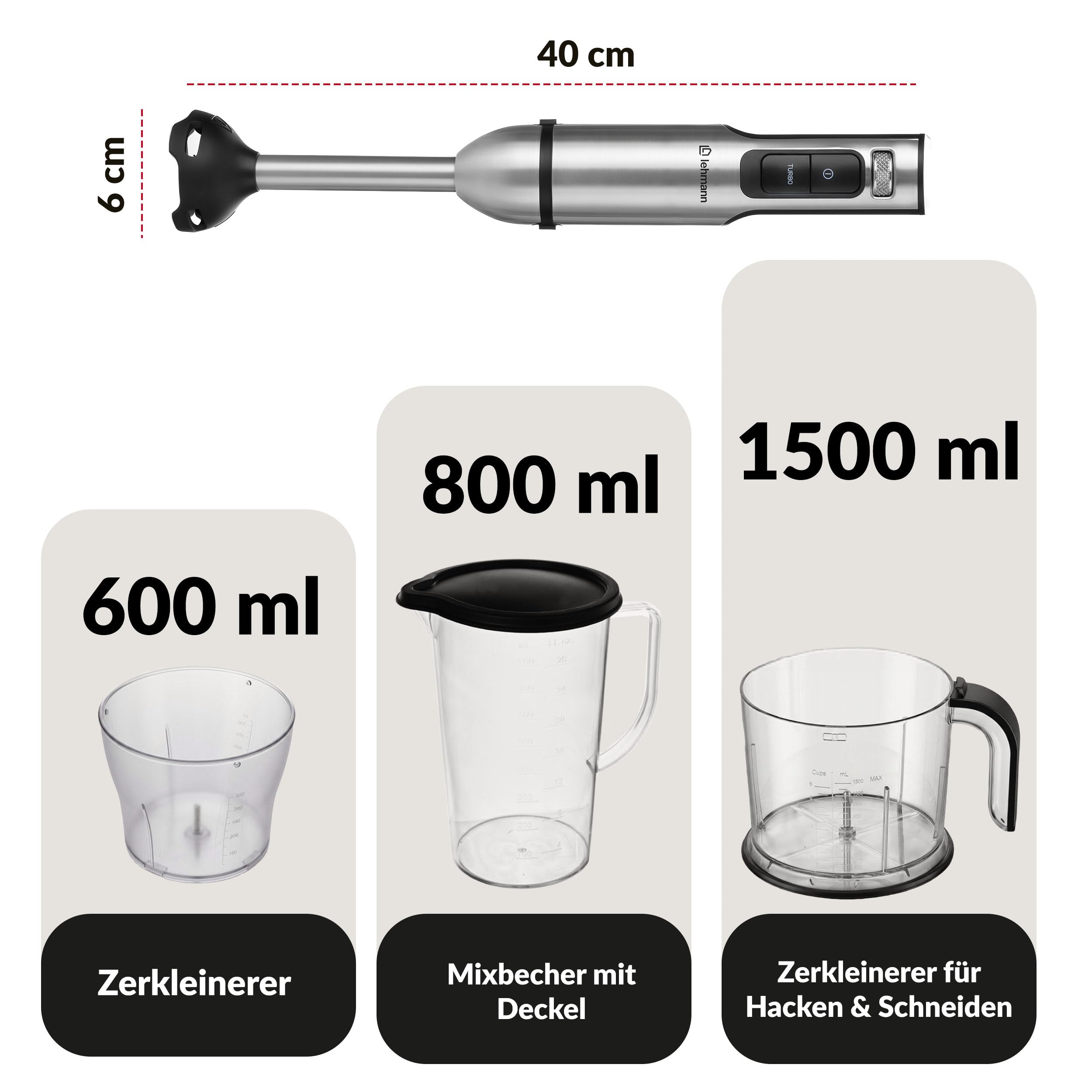 LEHMANN Blender ręczny zestaw 2000 W, wielofunkcyjny blender immersyjny 10 w 1, 12 stopni i funkcja turbo, 12 akcesoriów, system zapobiegający zarysowaniom, kubek 800 ml, rozdrabniacz 600 ml i