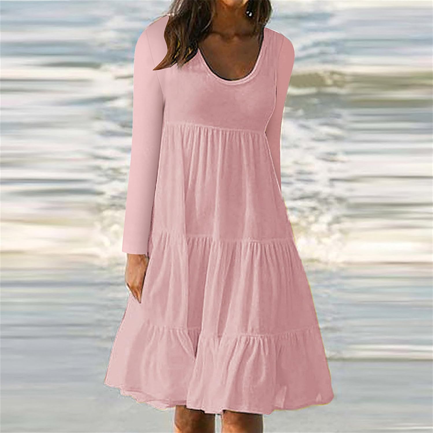 Generic Women Casual Long Sleeve Dress Fall Dresses 2024 Solid Color Crew Neck Maxi Dress Smocked Tiered Flowy Boho Dresses