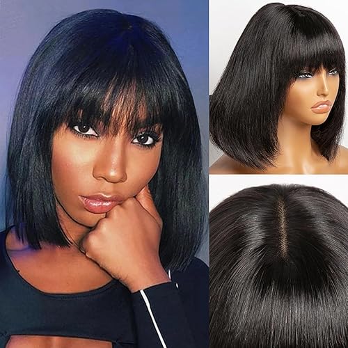 Miniatura 1 de Starmo Peluca Bob con flequillo, pelucas de cabello humano sin pegamento, pelucas rectas en capas con flequillo, pelucas de encaje transparente de 4