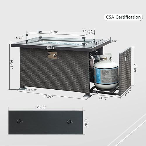 Miniatura 6 de Domi - Fogata de propano de 43 pulgadas, mesa de fuego de gas de 50,000 BTU con tapa, rocas de vidrio, certificación ETL, hoguera clásica con base